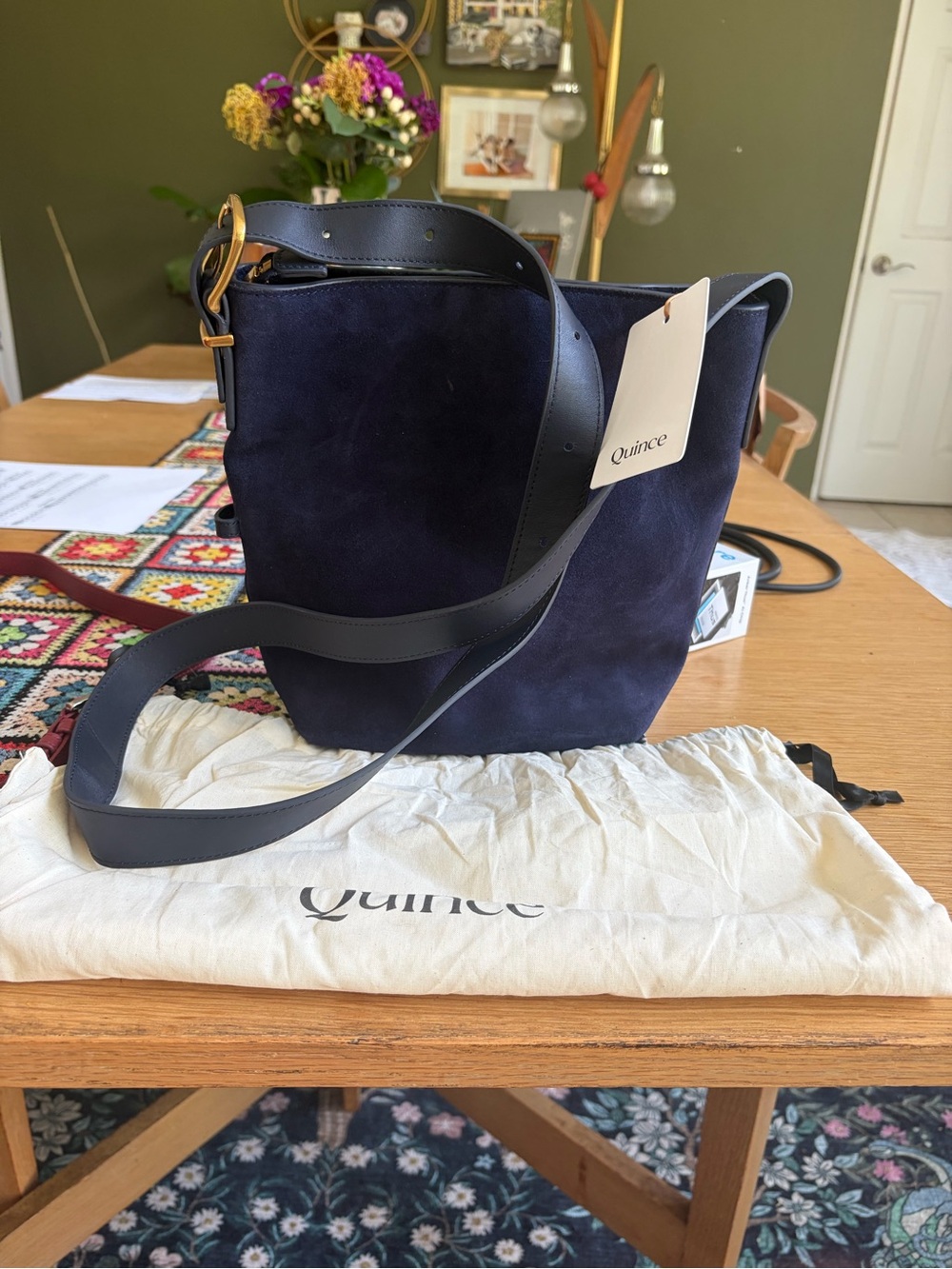 NWT and Dustbag Quince Italian Suede Bucket Crossbody in Navy. - Picture 11 of 14